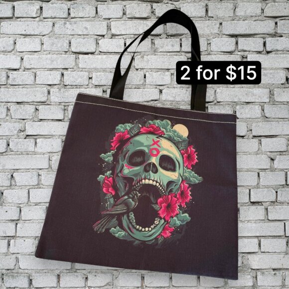 Serendipity Boutique Handbags - Screaming Skulls Roses XO Gothic Painted Fabric Casual Tote Bag